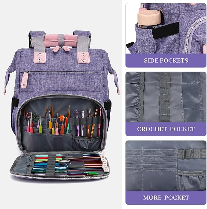 Crochet Backpack,Knitting Bag Backpack Yarn Storage Organizer Travel Crochet Bag with USB Charging Port,Large Yarn Tote Bag, Purple, Crochet Backpack, Travel