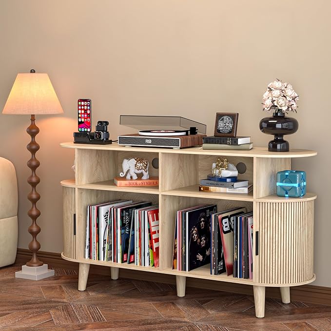 Large Round Record Player Stand with Charging Station & USB Ports，Record Storage Cabinet, Mid Century Modern Turntable Stand for Bedroom Living Room (Oak)