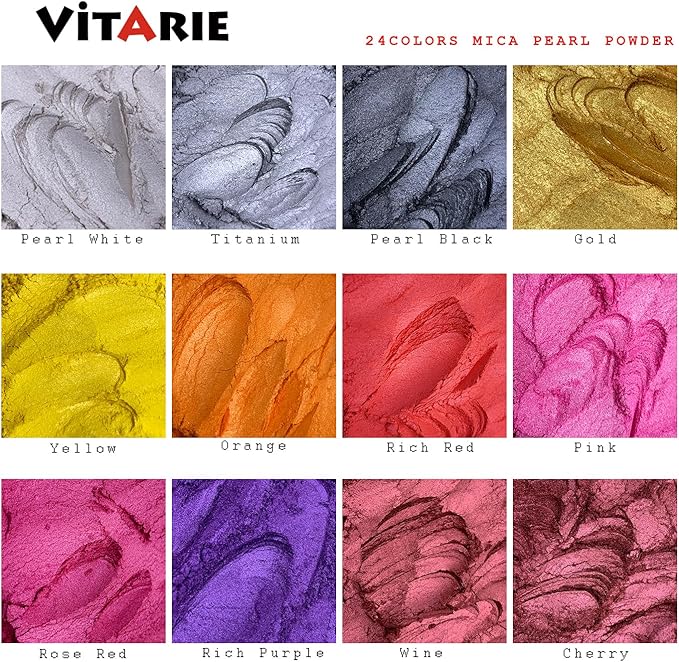 Mica Powder for Lip Gloss, Nails, Epoxy Resin, Soap Making, Bath Bombs, Art Crafts, 24 Colors, 10ml (0.11oz) Each, Neat Jar Set