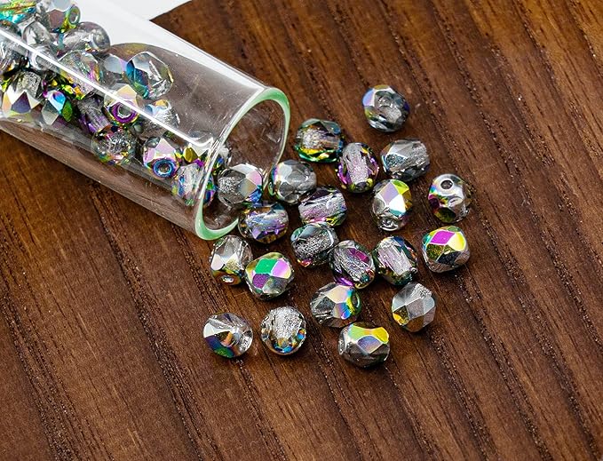 1.76oz Faceted Fire Polished Round Glass Beads 4mm (0.16in), Czech Republic Bohemian Glass Transparent Mix