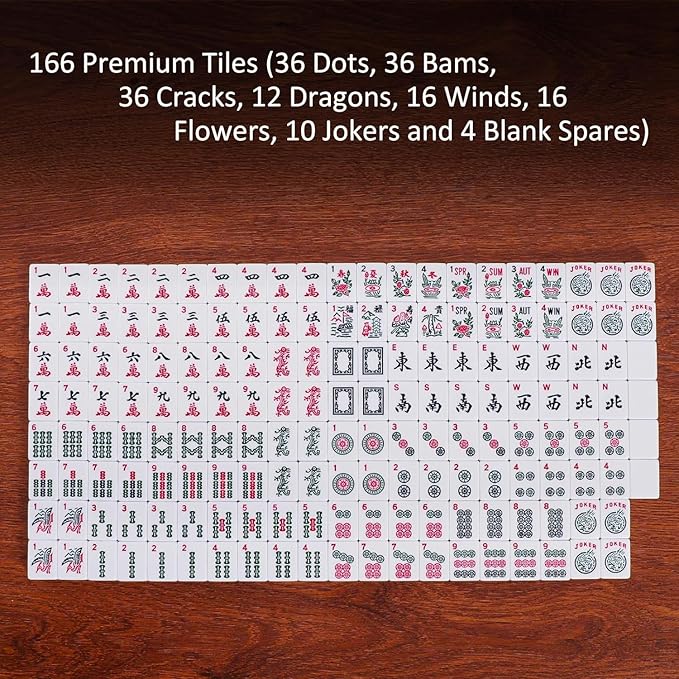 American Mahjong Game Set, 166 White Tiles, 4 All-in-One Color Rack/Pushers, Complete Mahjong Tile Set Red Printed Carrying Bag