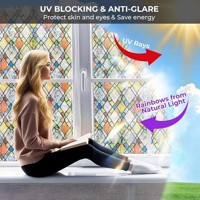 Window Privacy Film Rainbow Film Stained Glass 3D Static Cling Decorative Window Sticker for Bathroom,Front Door,Home Heat Control UV Blocking Non Adhesive,Diamond Grid 17.5 x 78.7 inches