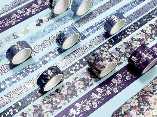 YUBX Elegance Blue Washi Tape Set 8 Rolls Wide Silver Embellishment Decorative Masking Tapes for Arts, DIY Crafts, Journals, Planners, Scrapbook, Wrapping