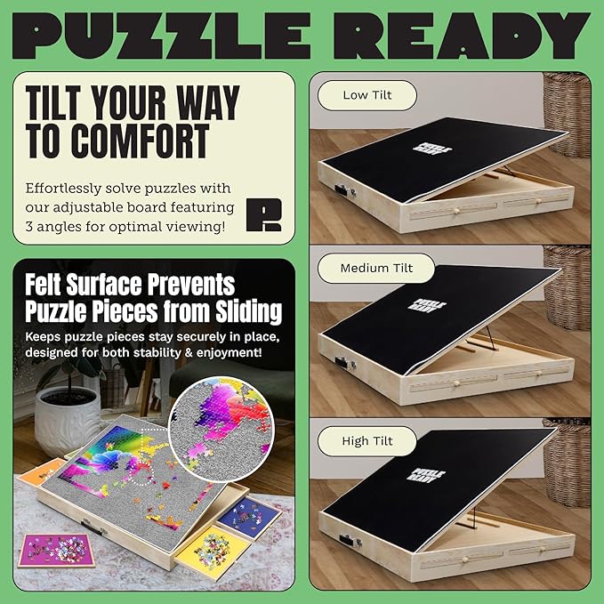 Puzzle Ready Wood Jigsaw Puzzle Board - 1500pc, 36x27in, 3 Angles - Color-Coded Trays & Drawers Organizer & Storage - Ergonomic Tilt Surface - Portable Puzzle Table with Drawers