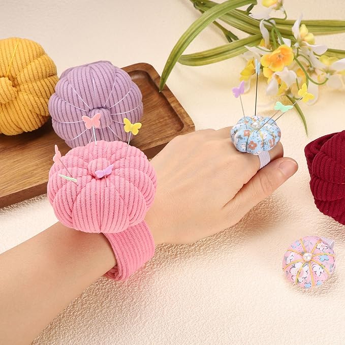HARFINGTON Wrist Pin Cushions, Sewing Needle Pin Cushion Adjustable Strap with Elastic Strap Finger Ring Pincushions Fit All Wrist Sizes for Sewing Quilting Needlework DIY Crafts, Yellow/Pink