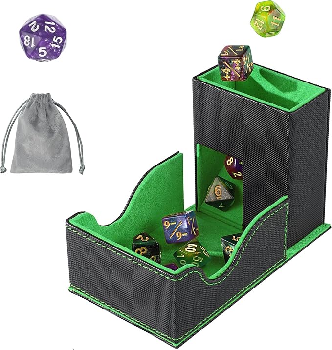 Dice Roller Tower, Premium DND Magnetic Dice Tray, Foldable PU Leather Dice Tower RPG Gifts for Dungeons and Dragons MTG Dm & Player Black/Green