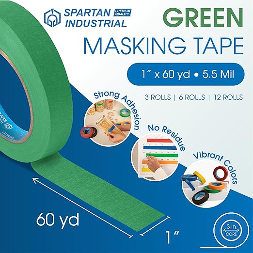 Spartan Industrial - 1" X 60 yd Green Masking Tape - 12 Colored Tape Rolls for Bundling, Labeling, and More - No Residue, 5.5 Mil