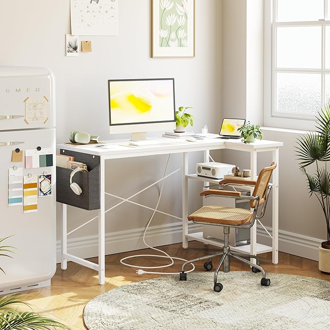 TIQLAB L Shaped Computer Desk with Power Outlets, 47 Inch Small Corner Desk with Reversible Shelves, Gaming Desk Computer Table Study Writing Desk for Home Office Small Space, White