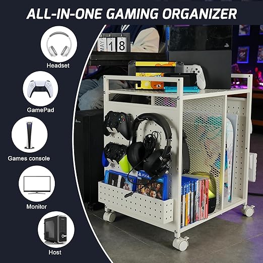 PLKOW Video Game Storage Rack, Game Storage Organizer for Consoles, Controllers, Headphones PS5 PS4 Xbox Switch Nintendo Accessories, Rolling PS5 Console Stand, Perfect Holiday Present, White