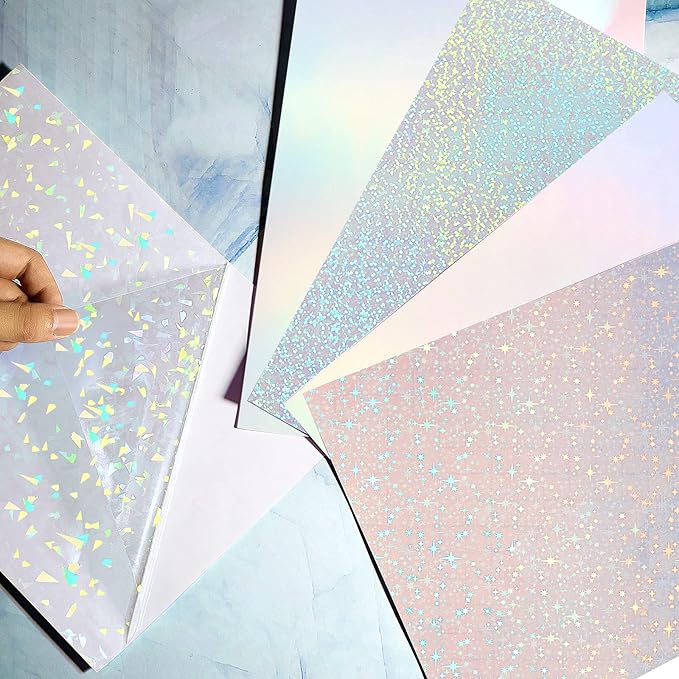 36 Sheets A4 Holographic Paper Sticker Transparent Waterproof Self Adhesive Film 11.7 x 8.3 Inches (Gem, Dot, Colorful, Star)
