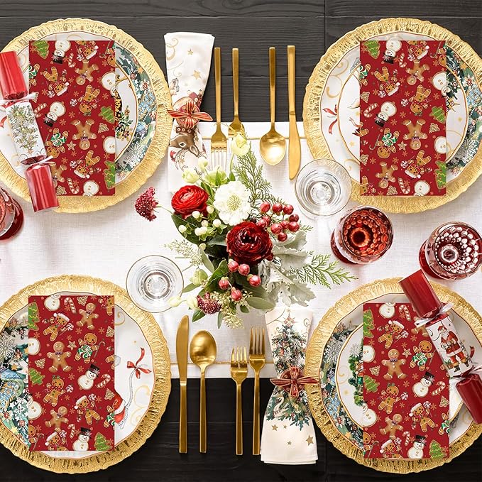 Horaldaily 100 Christmas Disposable Paper Decorative Guest Napkins, Gingerbread Man Hand Towel for Party Lunch Dinner Kitchen Bathroom