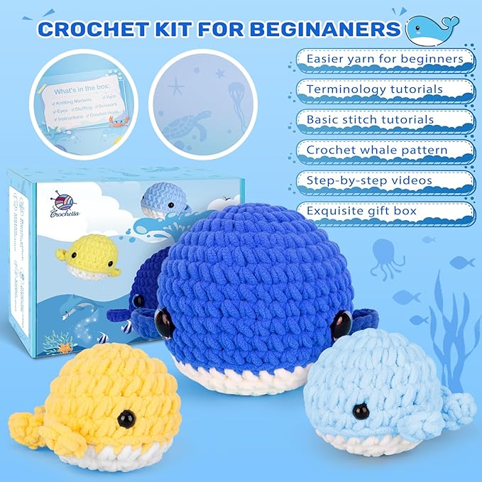 Crochet Kit for Beginner, Upgraded Easy Yarn Crochet Starter Kit w Step-by-Step Video Tutorials, Beginner Crochet Kit for Adults & Kids, Men & Women, Complete Kit Included, 3Pack Whale Family