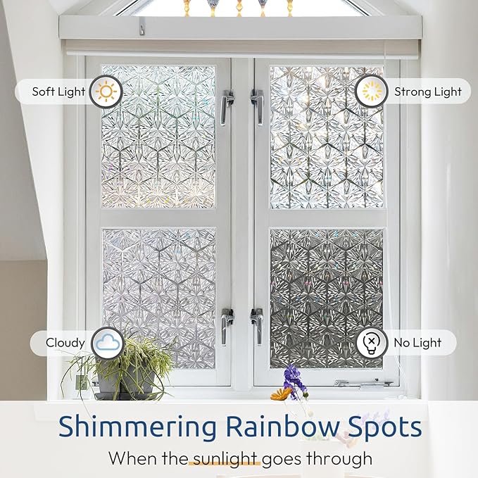 rabbitgoo Window Privacy Film Stained Glass Window Film, Decorative Stickers Removable UV Sun Blocking Clings Door Coverings, Diamond Pattern,35.4 x 157.5 inches
