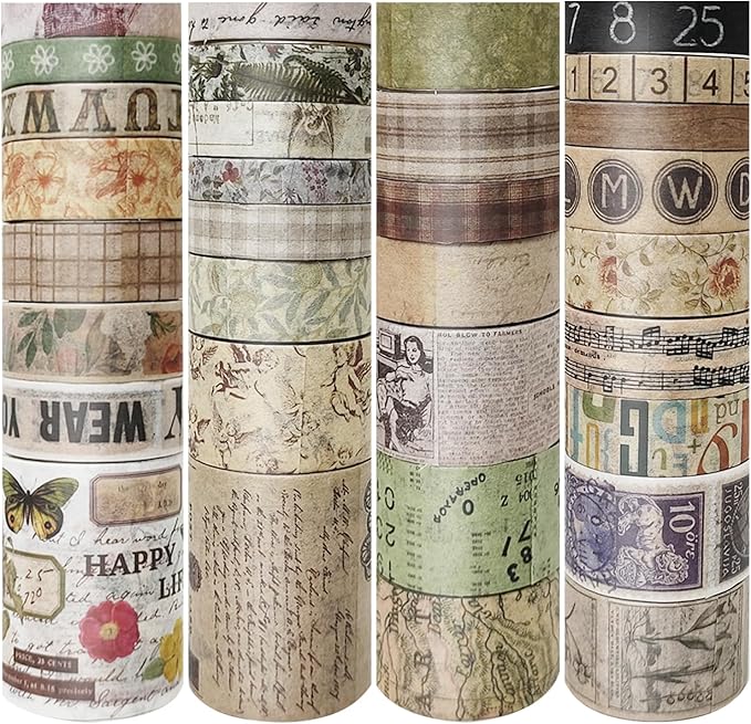 32 Rolls Vintage Washi Tape, Aesthetic Colored Decorative Cute Scrapbook Tape for Scrapbooking Supplies Journaling Craft Junk Journal