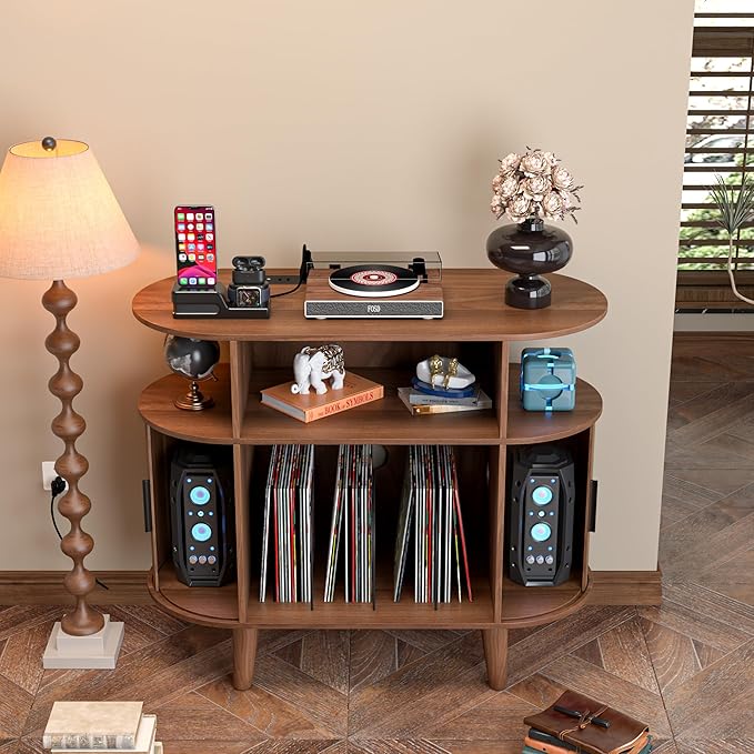 Large Round Record Player Stand with Charging Station & USB Ports，Record Storage Cabinet, Mid Century Modern Turntable Stand for Bedroom Living Room (Small Brown)