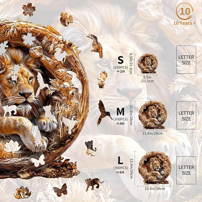 KAAYEE Wooden Puzzles for Adults, 3D Vision Effect Lion King Wooden Jigsaw Puzzles 300 PCS Unique Shape Advanced Wood Puzzle Adult, Fathers Birthday Family Game (L-13.4 * 13.4in)