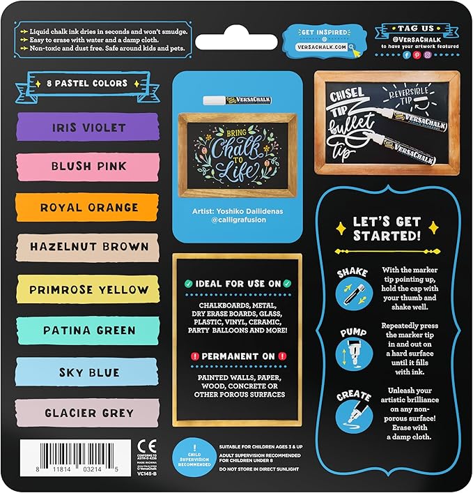 VersaChalk Pastel Liquid Chalk Markers, Set of 8-5mm Tip