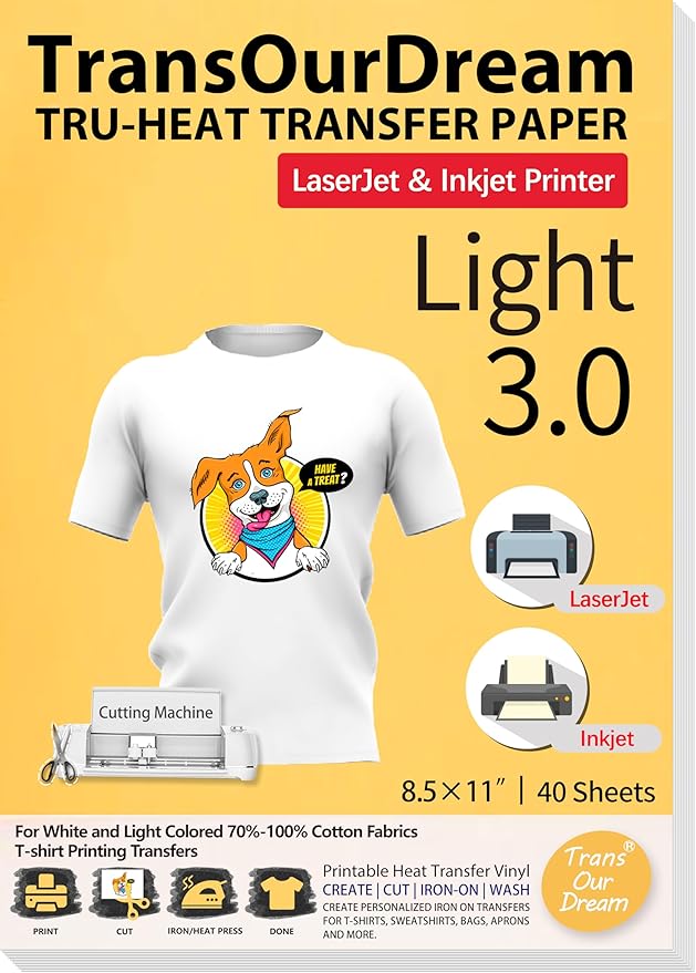 TransOurDream Heat Transfer Paper for Inkjet & Laserjet Printer (40 Sheets, 8.5x11, 3.0) Printable HTV Heat Transfer Vinyl for T Shirts Iron on Transfers for Light Fabrics (L3-40)