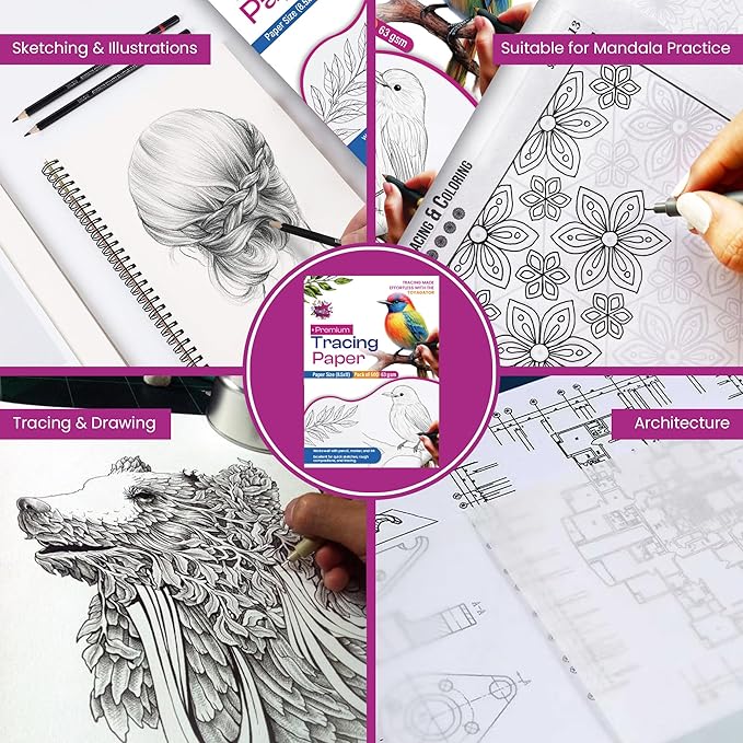 Tracing Paper 8.5 x 11 Inch - 500 Sheets 41lb/63gsm Transparent Vellum Paper for Sketching, Preliminary Drawing, Drafting & Overlays - Premium Translucent Tracing Paper for Pencil, Marker and Ink