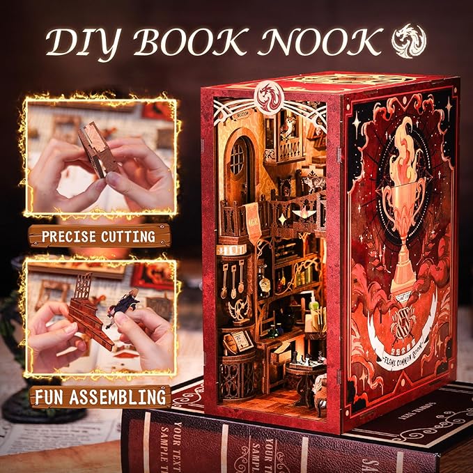 CUTEBEE Book Nook Kit - DIY Miniature House Dollhouse Kit for Adult and Teens, Booknook Bookshelf Decor Alley Model Build with LED Light, Gifts for Family and Friends (Flame Common Room)