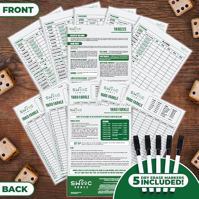 SWOOC Games® - 5 Big Premium Laminated Yardzee & Farkle Score Cards (11.5in x 8in) with Rules - Large Reusable Dry Erase Pads for Giant Outdoor Dice