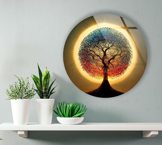 My Photostation.com 24''(60cm) Diameter Life of Tree Round Glass Wall Art Tempered Glass Printing Wall Decor Large Wall Art Wall Hangings