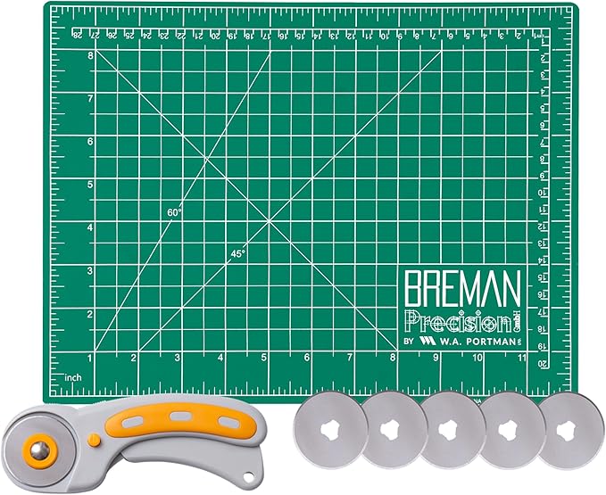 WA Portman Self Healing Cutting Mat & Rotary Cutter for Fabric Set – 9x12 Sewing Cutting Mats for Crafts with 45mm Fabric Cutter Wheel & 5 Rotary Blades – Quilting & Sewing Supplies Kit