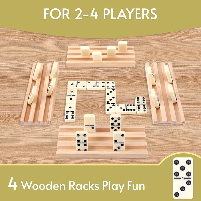 Double 6 Dominos Set for Adults with 4 Wooden Racks & 28 Tiles Travel Dominoes Set Classic Board Game for Family Game Night