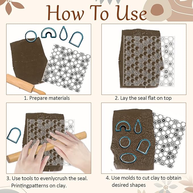 CHGCRAFT Honeycomb Pattern Polymer Clay Texture Sheet Flowers and Hexagonal Silicone Texture Mat for Polymer Clay Making Earrings Jewelry DIY Crafts 5.5 × 5.5 Inch