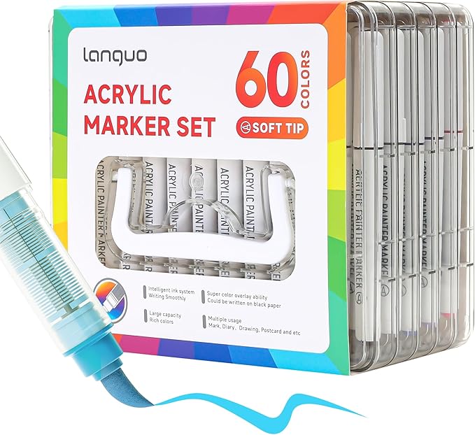 60 Colors Acrylic Paint Markers Pens Set, Soft Brush Tip Markers with Fast Drying & No-Bleed Ink, Acrylic Paint Pens for Rock, Wood, Egg, Ceramic, Fabric Painting, Art Supplies and DIY Crafts