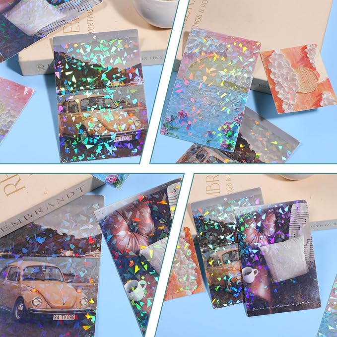 SHENLIU 60 Sheets Holographic Laminate Sheets Clear Glitter Vinyl Sticker Paper Holographic Overlay Self Adhesive Waterproof Transparent Film for Sticker Paper, 11.7 x 8.3 Inch (Gem Patterns)