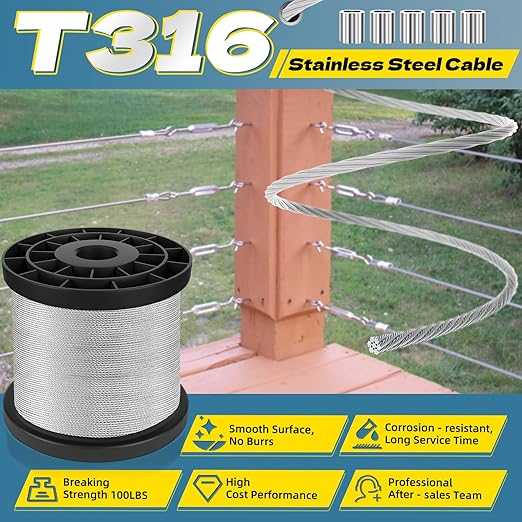 316 Stainless Steel Cable, 1000FT 1/32IN Wire Rope with 250Pcs Aluminum Sleeves Stops, for String Lights Hanging, Clotheslines, Trellis Wire