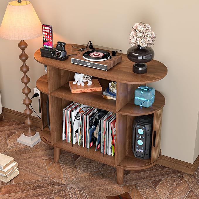 Large Round Record Player Stand with Charging Station & USB Ports，Record Storage Cabinet, Mid Century Modern Turntable Stand for Bedroom Living Room (Small Brown)