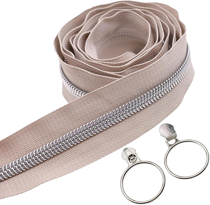 Leekayer #5 Silver Metallic Nylon Coil Zippers by The Yard Bulk 10 Yards Beige Zipper Tape with 25pcs Silver Ring Pull Sliders for DIY Sewing Tailor Craft Bag(Beige)