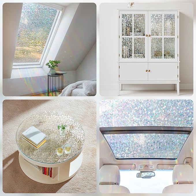 Haton Window Privacy Film, Rainbow Stained Glass Window Clings, 3D Decorative UV Sun Blocking Sticker, Removable Static Cling Heat Control Tint for Home Door, 23.6" x 157.4" Non-Adhesive