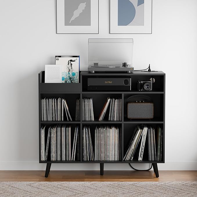 Cozy Castle Large Record Player Stand, Vinyl Storage Cabinet Mid Century Modern Turntable Stand Media Console Table Open Shelf Cube CD Album Holder Organizer for Living Room, Office, Black