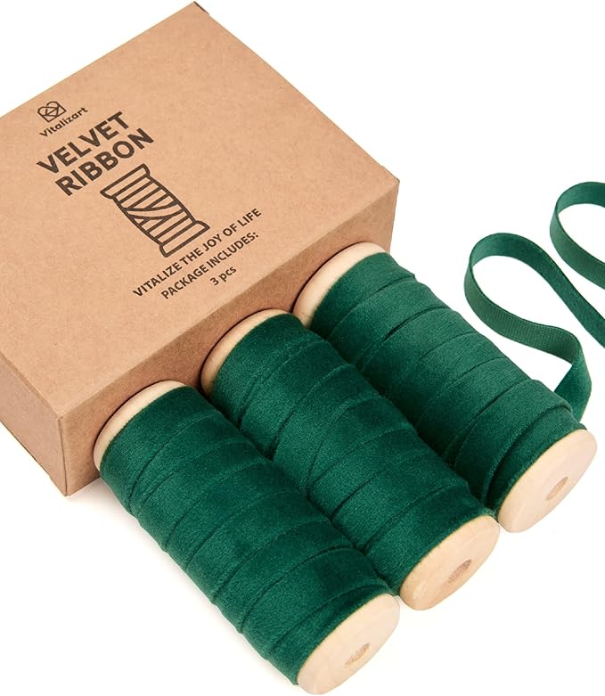 Vitalizart Green Velvet Ribbon Set 3/8" x 15 Yd Wooden Spool Fabric Trim 3 Rolls * 5 Yd for Christmas Wreath Decoration Handmade Craft Ornaments Gift Wrapping Bow Making Dark Forest Green