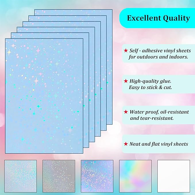 36 Sheets Holographic Sticker Paper Waterproof 8.5" x11'' Clear Vinyl Sticker Sheets Self-Adhesive Rainbow Overlay Sheets with 6 Styles Mixed