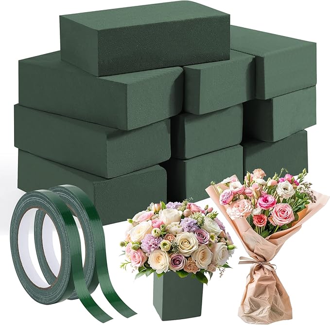 MAPVOLUT 10 Pcs Green Floral Foam Blocks (5.5” x 3.1” x 1.7”) with 2 Rolls Waterproof Floral Tape - 12mm x 65.62ft, for Fresh or Artificial Flower Arrangements, DIY Wedding, Home Decor, and Crafts