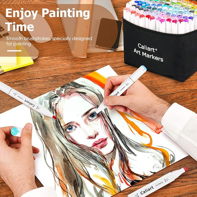 Caliart Markers, 100 Colors Dual Tip Art Markers Sketch Pens Permanent Alcohol Based, with Case for Adult Artist Halloween Drawing Sketching (White Barrel)