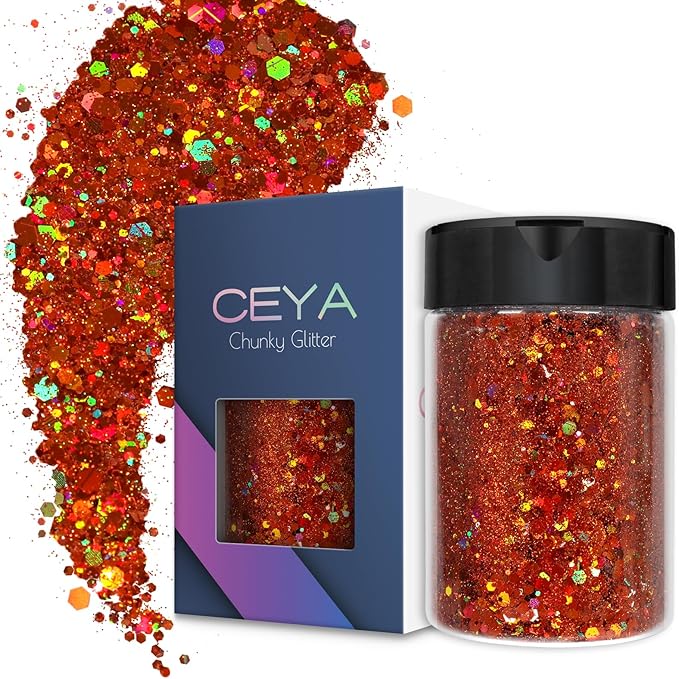 Ceya Holographic Chunky Glitter, 4.9oz/ 140g Bronze Craft Glitter Powder Mixed Fine Flakes Iridescent Nail Sequins for Nail Art, Hair, Epoxy Resin, Tumblers, Slime, Painting, Festival Decor