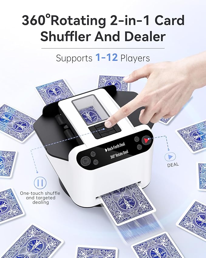 Automatic Card Shuffler and Dealer 2-in-1, 2 Deck 360° Rotating Dealing Machine for 12 Players, 4 Drawing Remotes, Rechargeable Playing Card Shuffler Machine for UNO, Poker, Phase 10