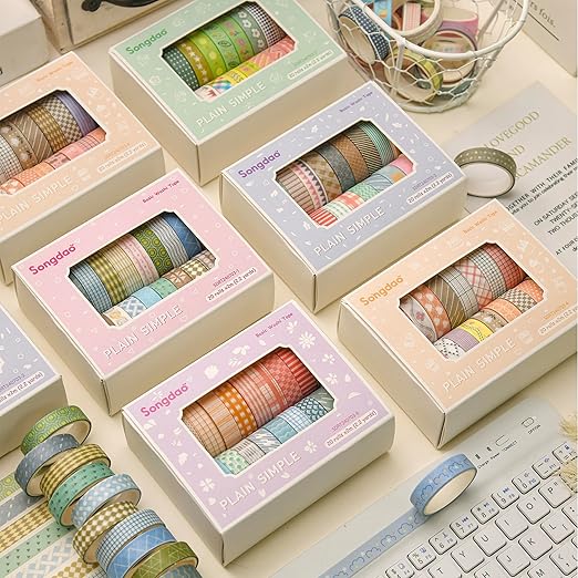 20 Rolls Basic Washi Tape Set Japanese Arts Adhesive Tapes Simple Patterns Decorative Masking Tape Sets for Craft, Kids, Scrapbook, DIY, Gift Wrapping (Style Two)
