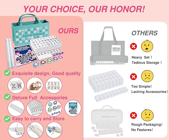 American Mahjong Tile Set – Complete 166 Tiles with Deluxe Accessories, 4 Racks, 100 Colorful Chips, Instruction Book & 1+3 Mahjong-Themed Storage Bags, Portable Mahjong Set for Family Fun & Holidays