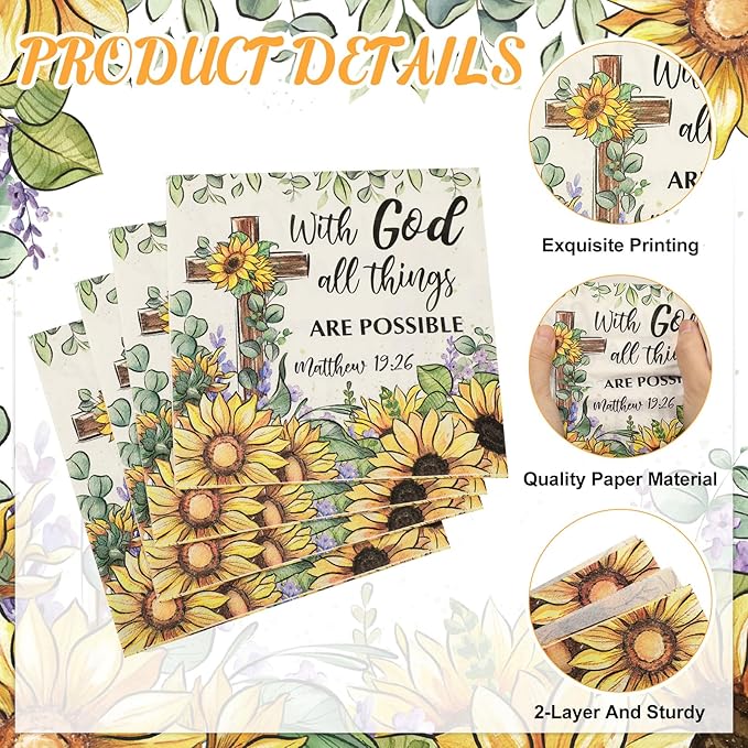 60 Pcs Sunflower Christian Cocktail Paper Napkins 6.5 x 6.5 Inches Disposable Paper Napkins Dessert Beverage Tissue for Decoupage Luncheon Tissue for Theme Party Wedding Birthday Party