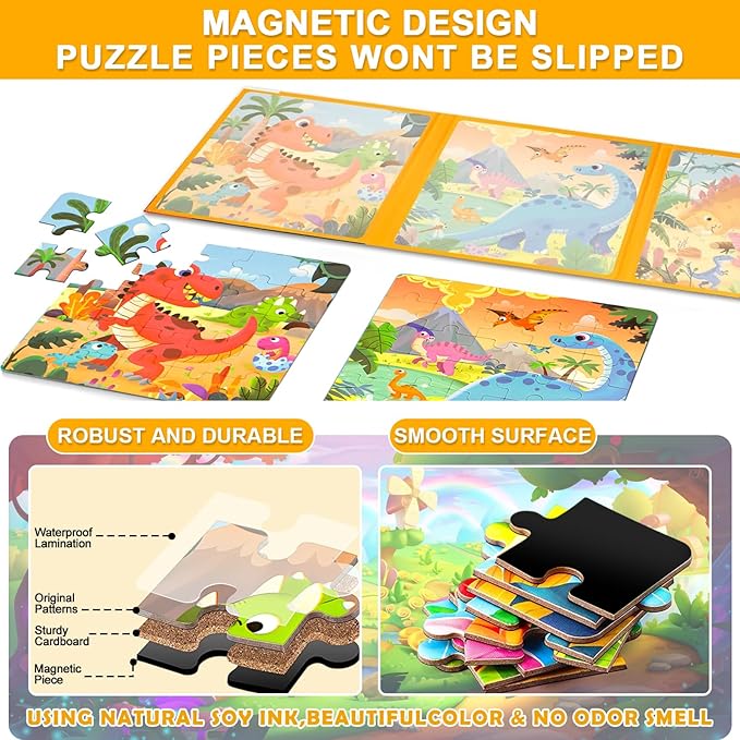Magnetic Puzzles for Kids Ages 3-5, 3 in 1 Dinosaurs Magnetic Jigsaw Puzzle Book, Travel Puzzles Toys for Toddlers 3-8 Year (Dinosaur World)