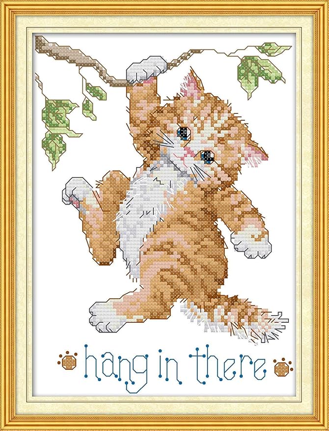 CROSSDECOR Cross Stitch Stamped Kits Quilt Pre-Printed Cross-Stitching Patterns for Beginner Kids Adults, Embroidery Crafts Needlepoint Starter Kits Kitten at Play