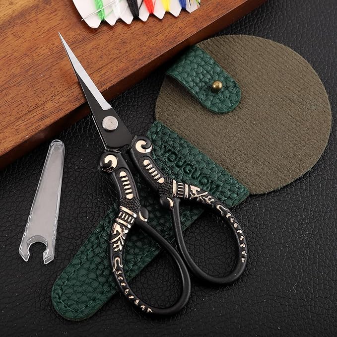 Antique Scissors with Cover, Sharp Sewing Scissor for Craft Needlework Cross Stitch, Small Thread Snips Little Detail Shears Black DIY Tools