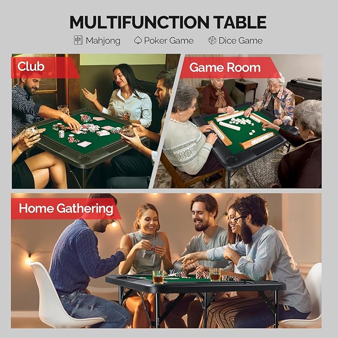 PEXMOR 39.5" Foldable Mahjong Table, Square 4 Player Card Game Table w/Cup Holders & Chip Grooves, Portable Folding Poker Domino Board Game Table for Blackjack, Texas Hold'em, Jigsaw Puzzles Game