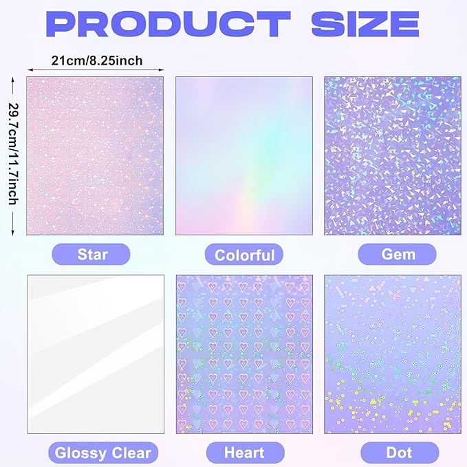 Clabby 36 Sheets Holographic Sticker Paper A4 Vinyl Sticker Paper Self Adhesive Waterproof Transparent Film, 11.7 x 8.3 inches (Gem, Dot, Colorful, Star, Heart, Glossy Clear)